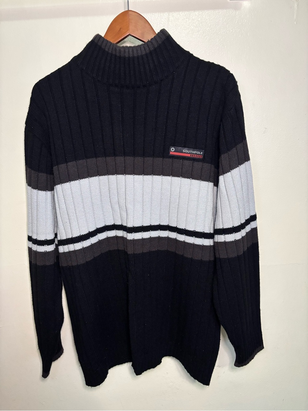 Vtg Y2K Southpole Sweater Mens M Black Grey White Stripe Mock Neck Ribbed Knit